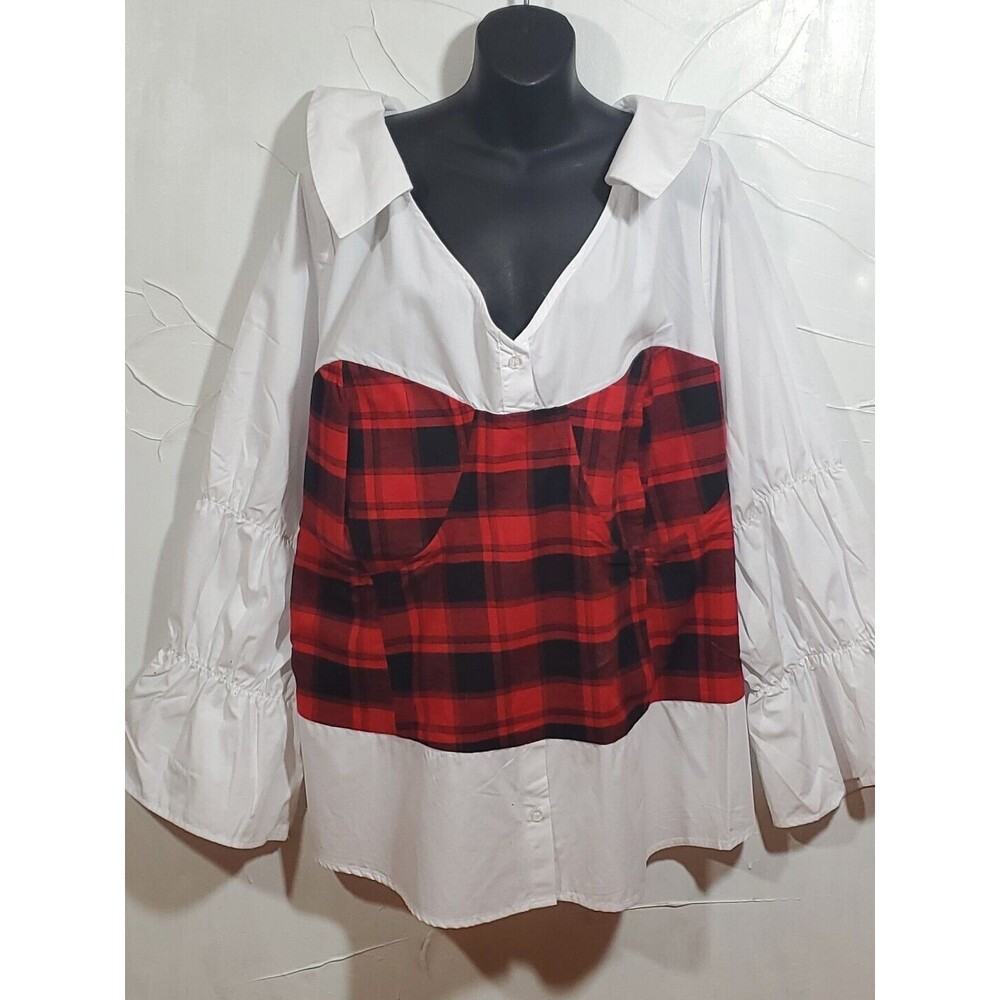 Romeo & Juliet Couture 32 Romantic Buffalo Plaid Bustier Style Bell Sleeve Shirt